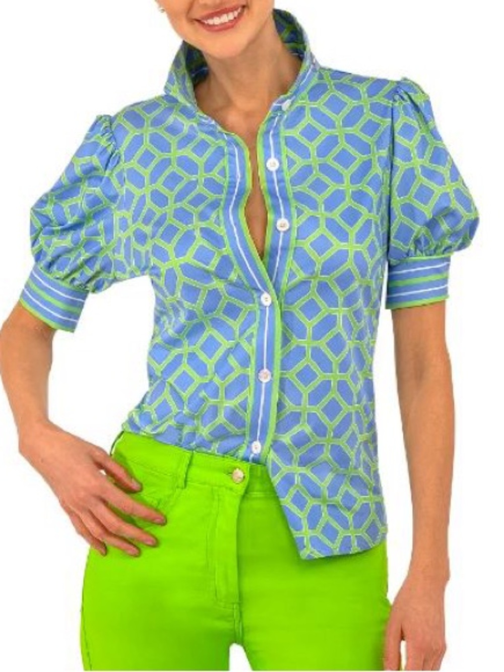 Gretchen Scott Women’s XS Kelly Blue Geometric Puff Sleeve Blouse